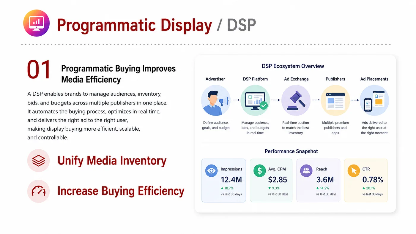 Programmatic Display and DSP service card, page 1: Programmatic Display and DSP designs North America media around audience, creative, landing pages and conversion events...