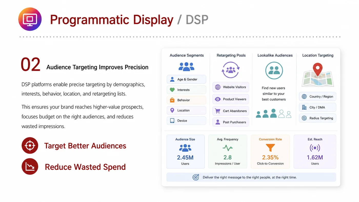 Programmatic Display and DSP service card, page 2: Programmatic Display and DSP designs North America media around audience, creative, landing pages and conversion events...