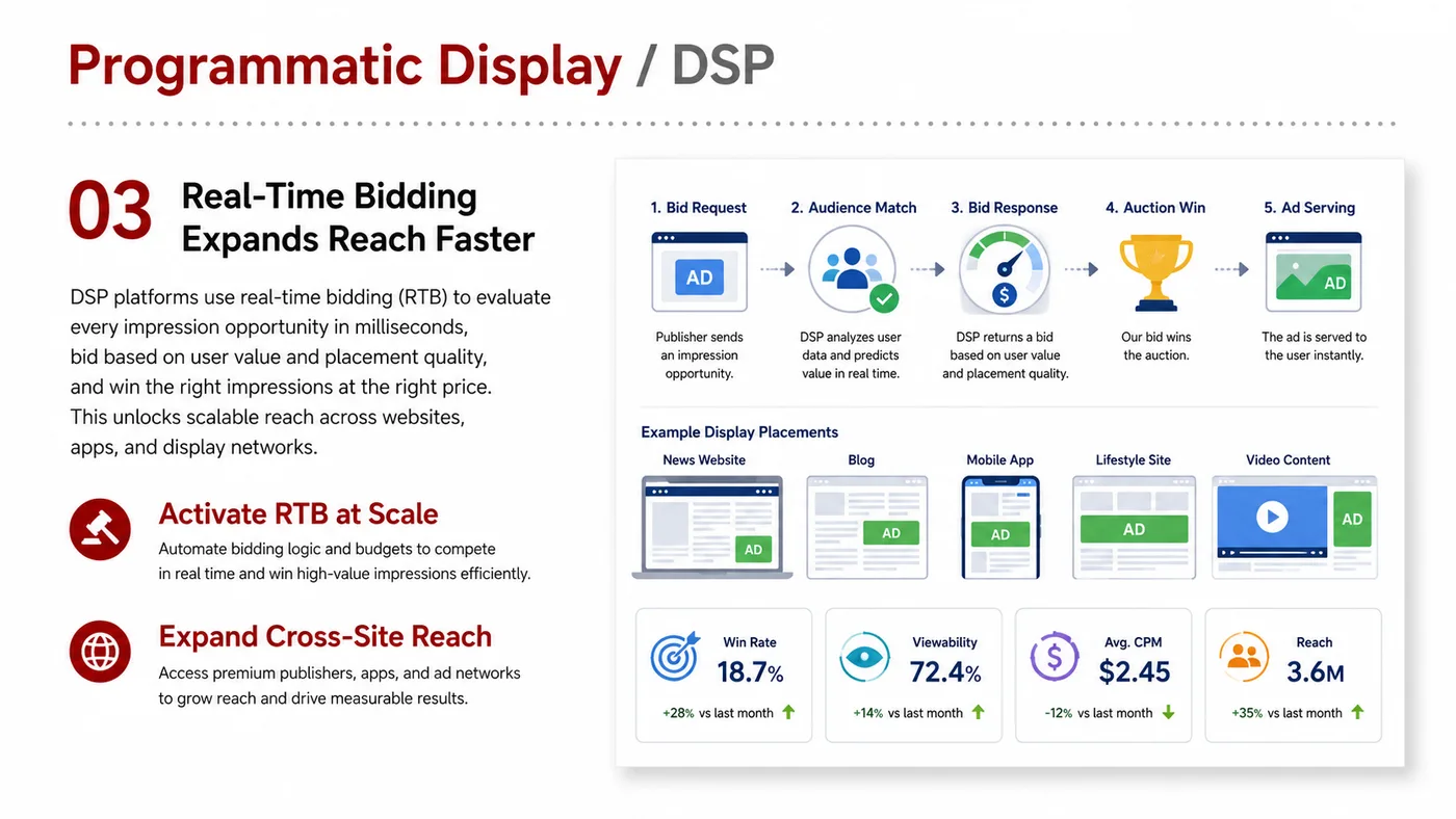 Programmatic Display and DSP service card, page 3: Programmatic Display and DSP designs North America media around audience, creative, landing pages and conversion events...