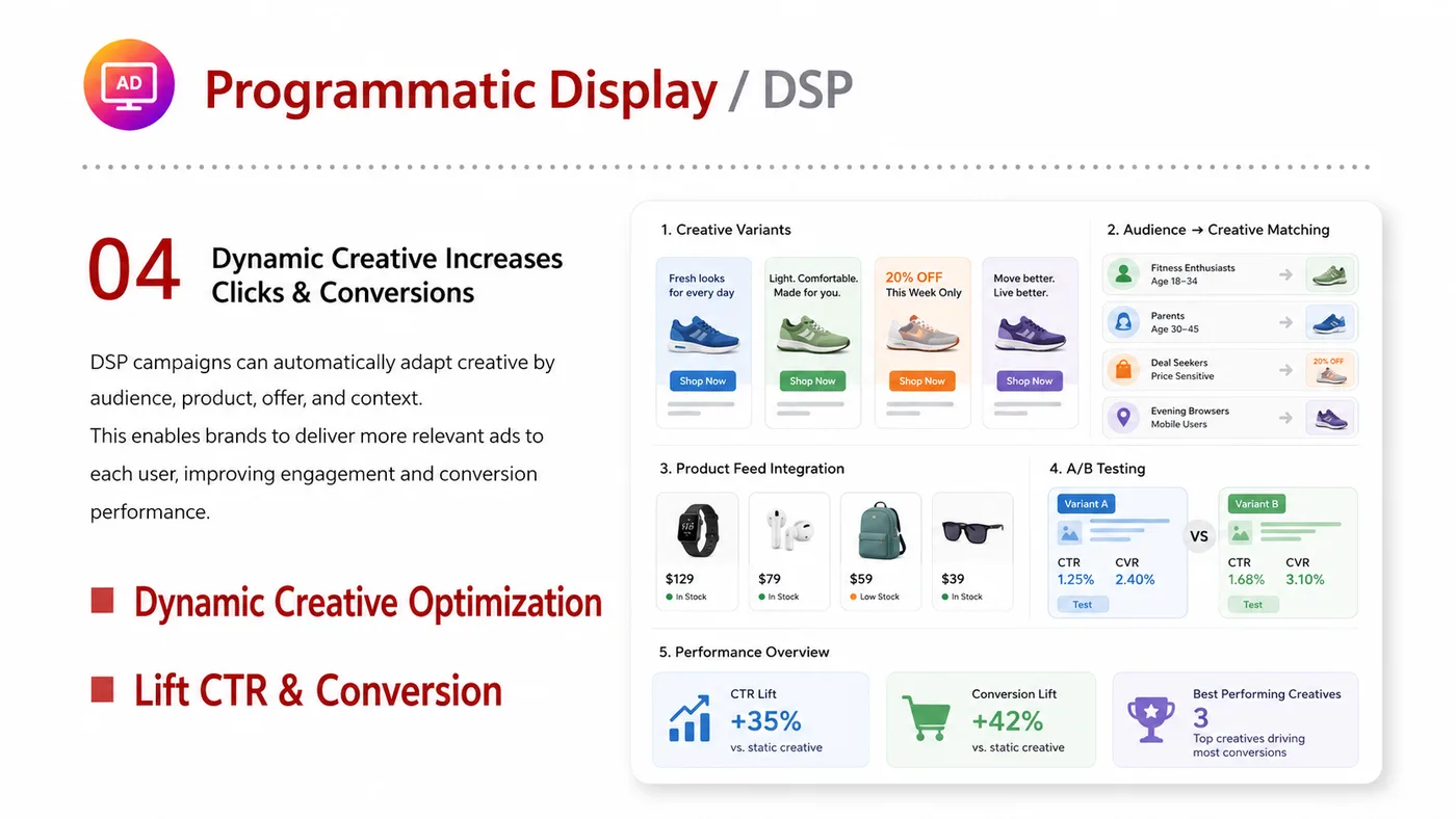Programmatic Display and DSP service card, page 4: Programmatic Display and DSP designs North America media around audience, creative, landing pages and conversion events...