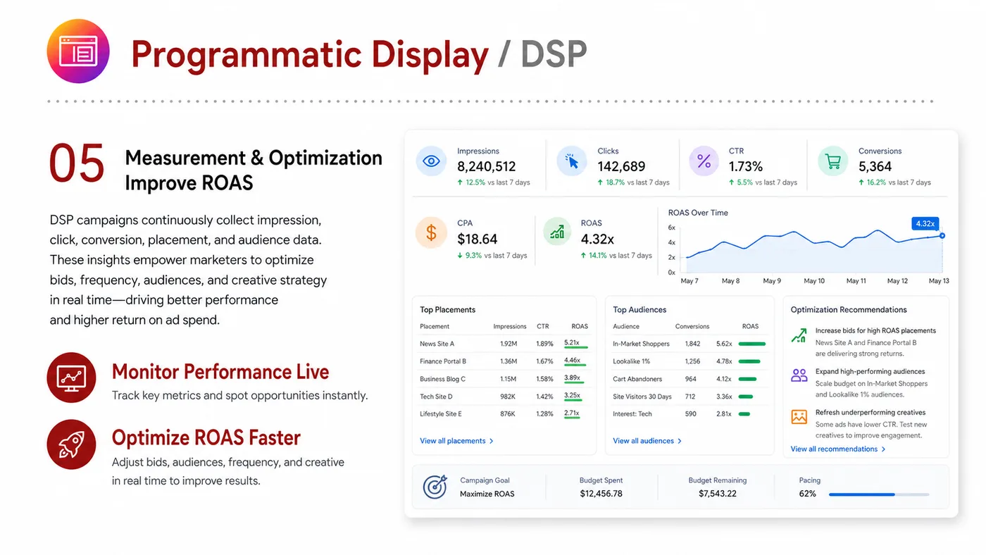 Programmatic Display and DSP service card, page 5: Programmatic Display and DSP designs North America media around audience, creative, landing pages and conversion events...