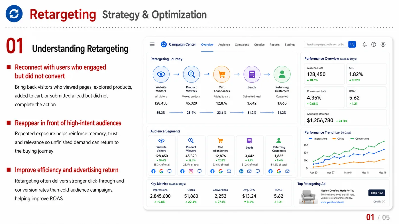 Retargeting service card, page 1: Retargeting designs North America media around audience, creative, landing pages and conversion events so spend can be...