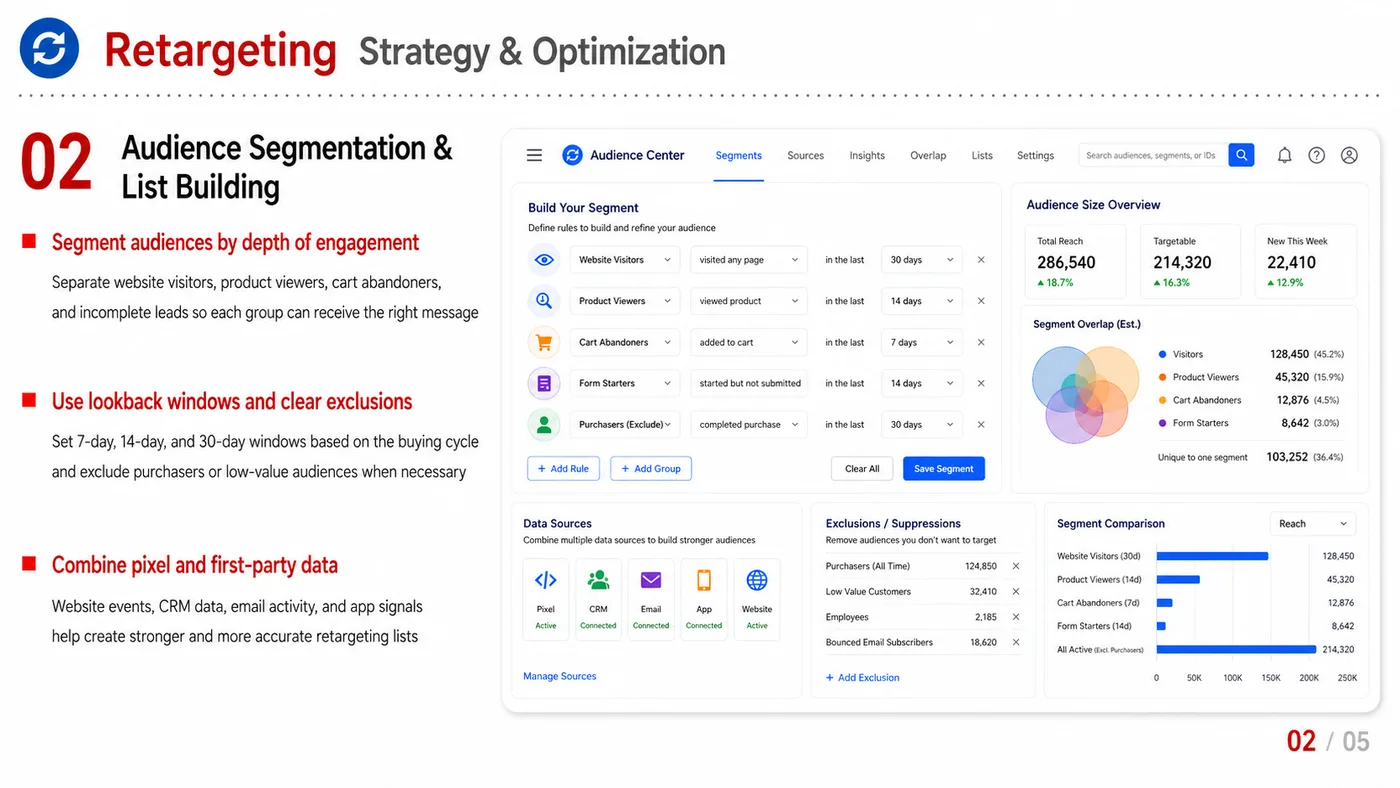 Retargeting service card, page 2: Retargeting designs North America media around audience, creative, landing pages and conversion events so spend can be...