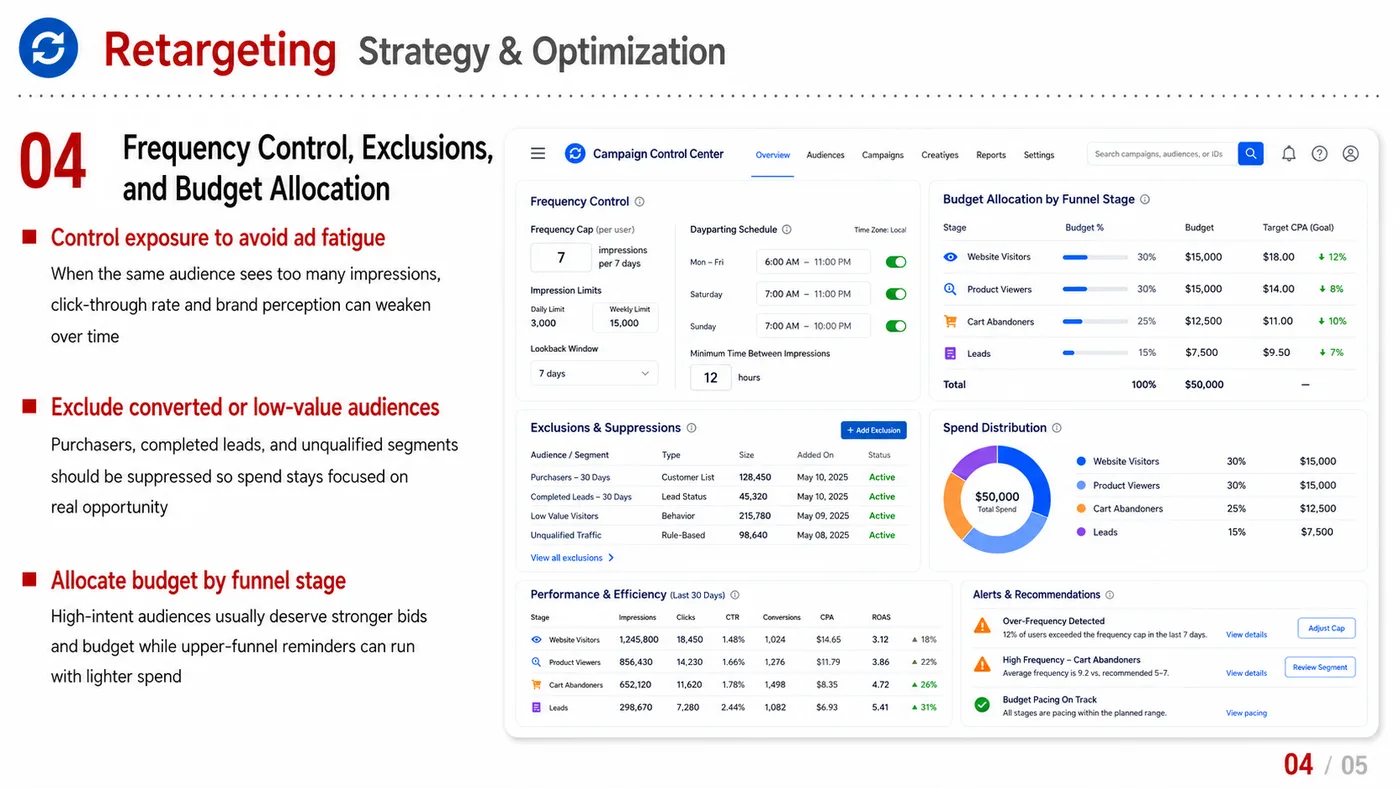 Retargeting service card, page 4: Retargeting designs North America media around audience, creative, landing pages and conversion events so spend can be...