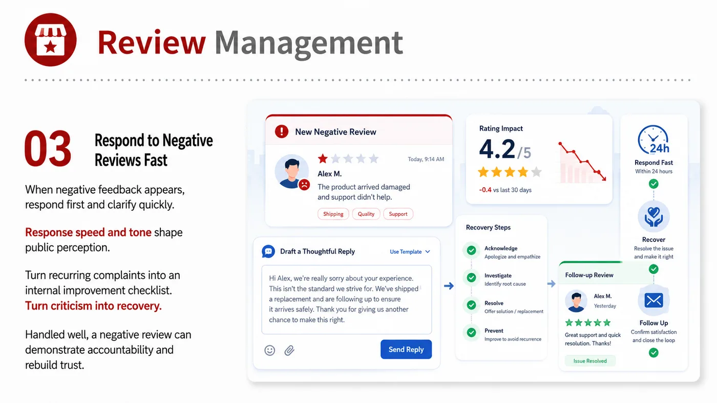 Review Management service card, page 5: Review Management focuses on platform setup, data preparation, listing optimization, ads, reviews and ongoing operation...
