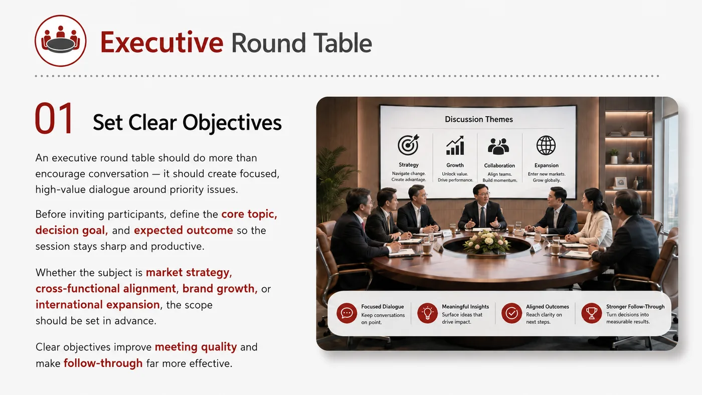 Executive Round Table service card, page 1: Executive Round Table connects pre-show outreach, on-site assets, booth messaging, buyer reception and follow-up into a...