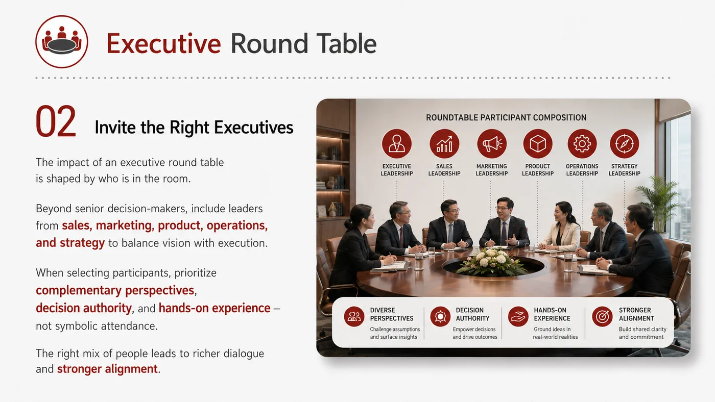 Executive Round Table service card, page 2: Executive Round Table connects pre-show outreach, on-site assets, booth messaging, buyer reception and follow-up into a...