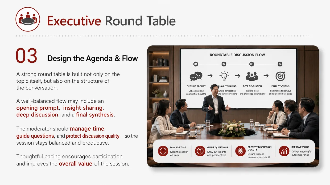 Executive Round Table service card, page 3: Executive Round Table connects pre-show outreach, on-site assets, booth messaging, buyer reception and follow-up into a...