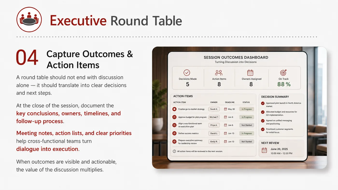 Executive Round Table service card, page 4: Executive Round Table connects pre-show outreach, on-site assets, booth messaging, buyer reception and follow-up into a...