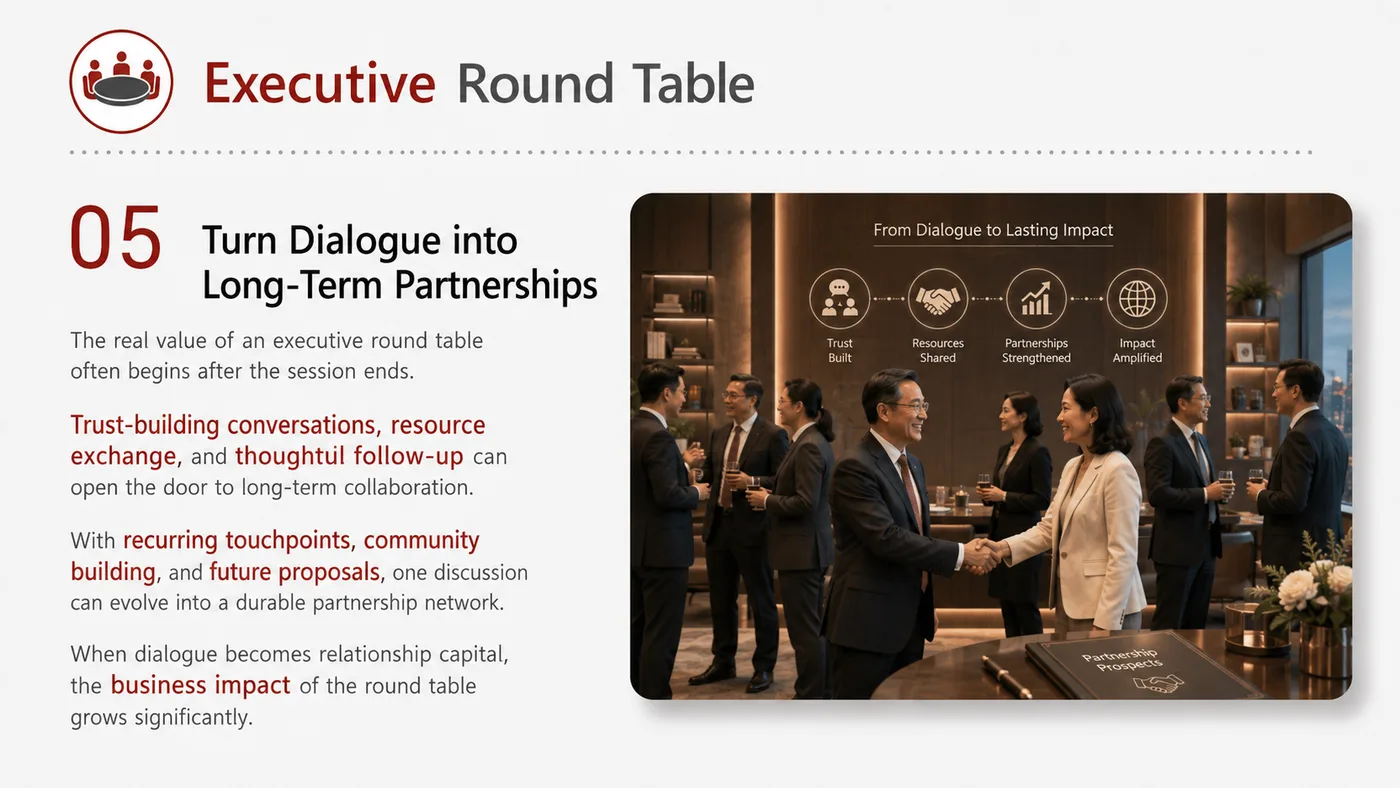 Executive Round Table service card, page 5: Executive Round Table connects pre-show outreach, on-site assets, booth messaging, buyer reception and follow-up into a...