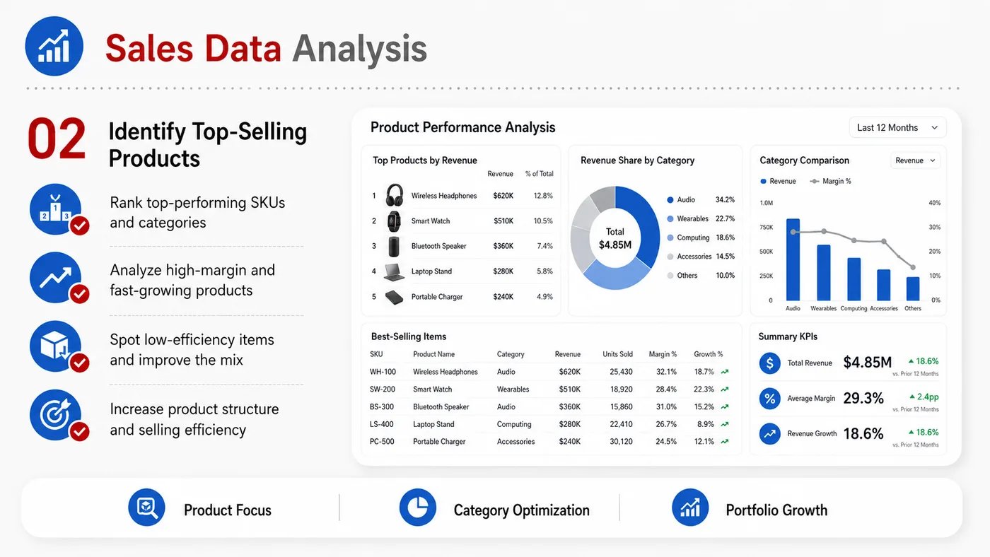 Sales Analytics service card, page 2: Sales Analytics prepares channel fit, product data, compliance, packaging, pricing, samples and follow-up needed for No...