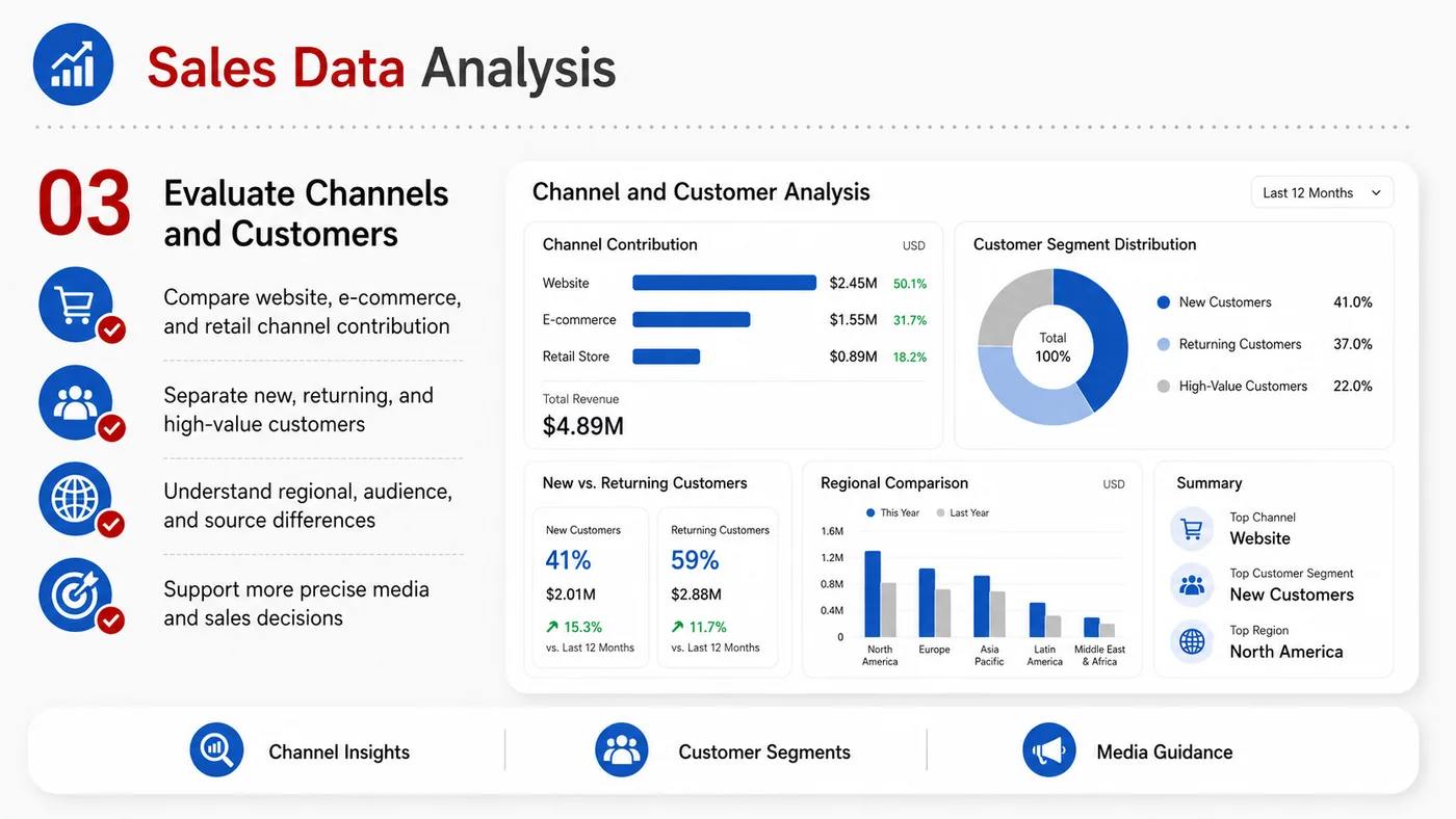 Sales Analytics service card, page 3: Sales Analytics prepares channel fit, product data, compliance, packaging, pricing, samples and follow-up needed for No...