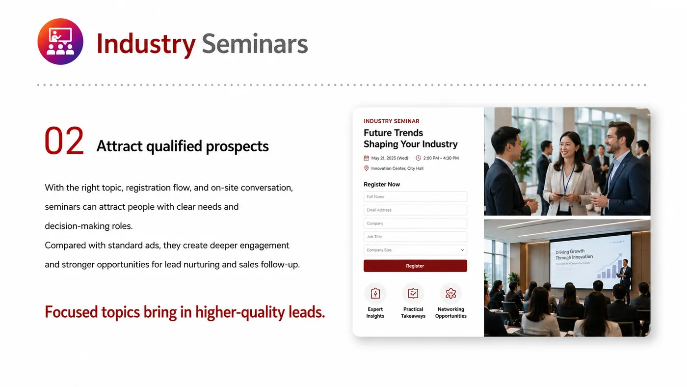 Industry Seminars service card, page 2: Industry Seminars connects pre-show outreach, on-site assets, booth messaging, buyer reception and follow-up into a con...