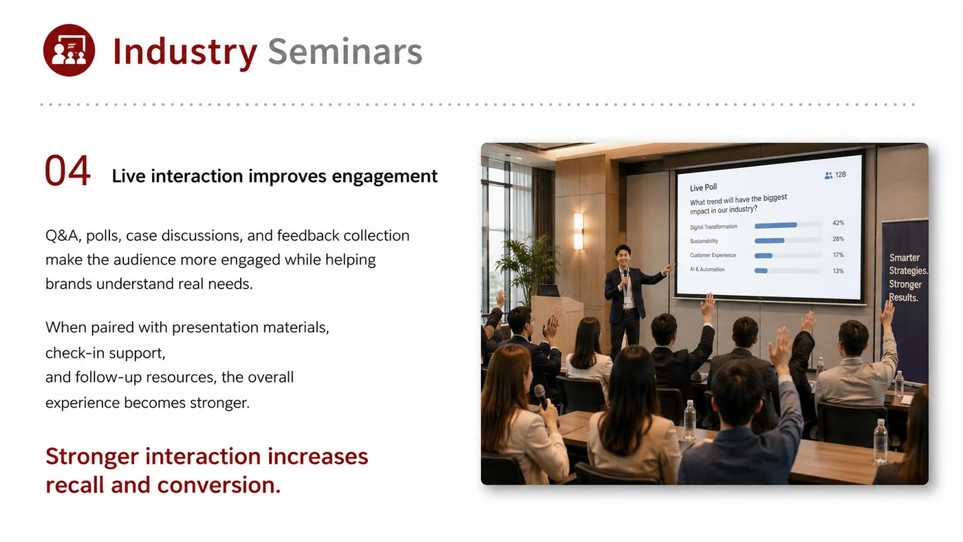 Industry Seminars service card, page 4: Industry Seminars connects pre-show outreach, on-site assets, booth messaging, buyer reception and follow-up into a con...