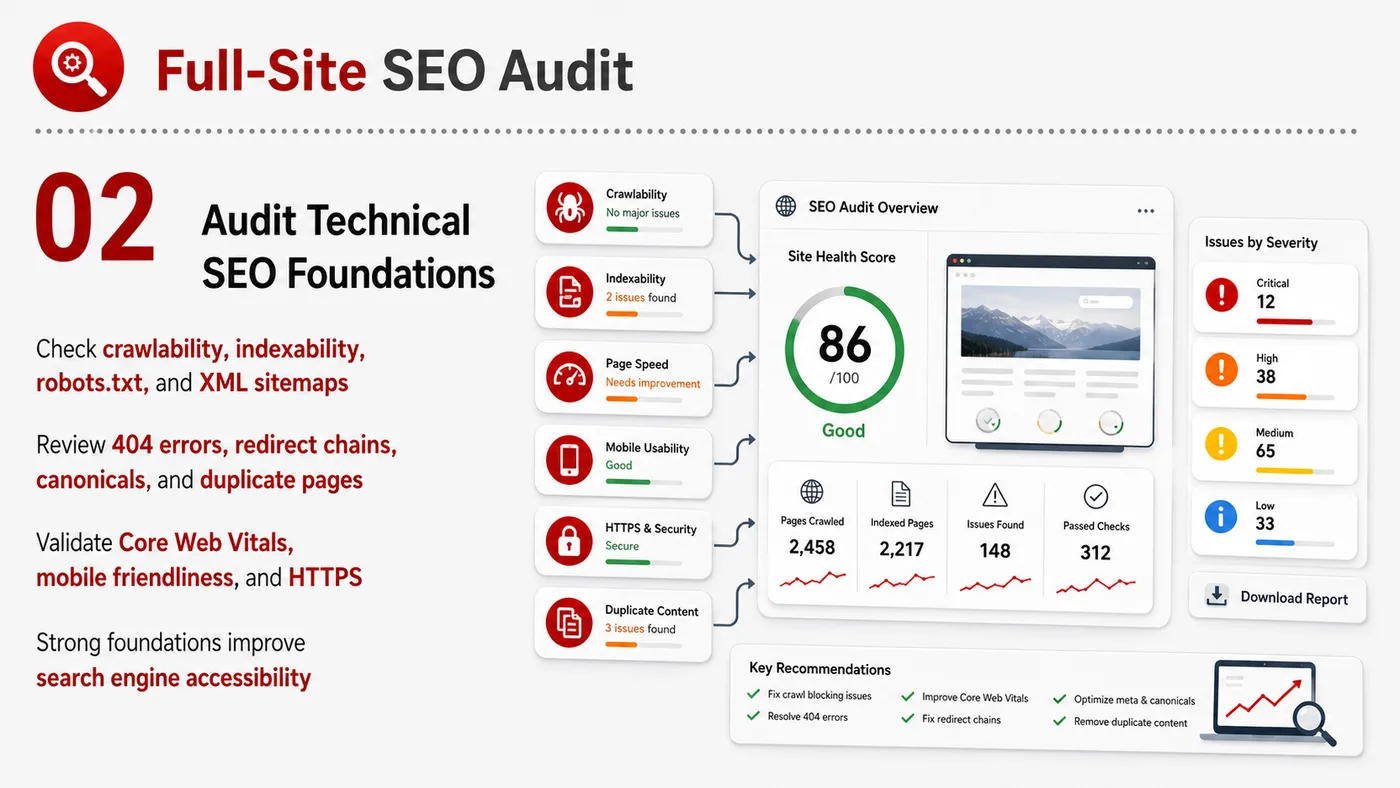 Full-site SEO Audit service card, page 2: Full-site SEO Audit organizes English search, AI summaries, technical structure and content proof so engines and buyers...