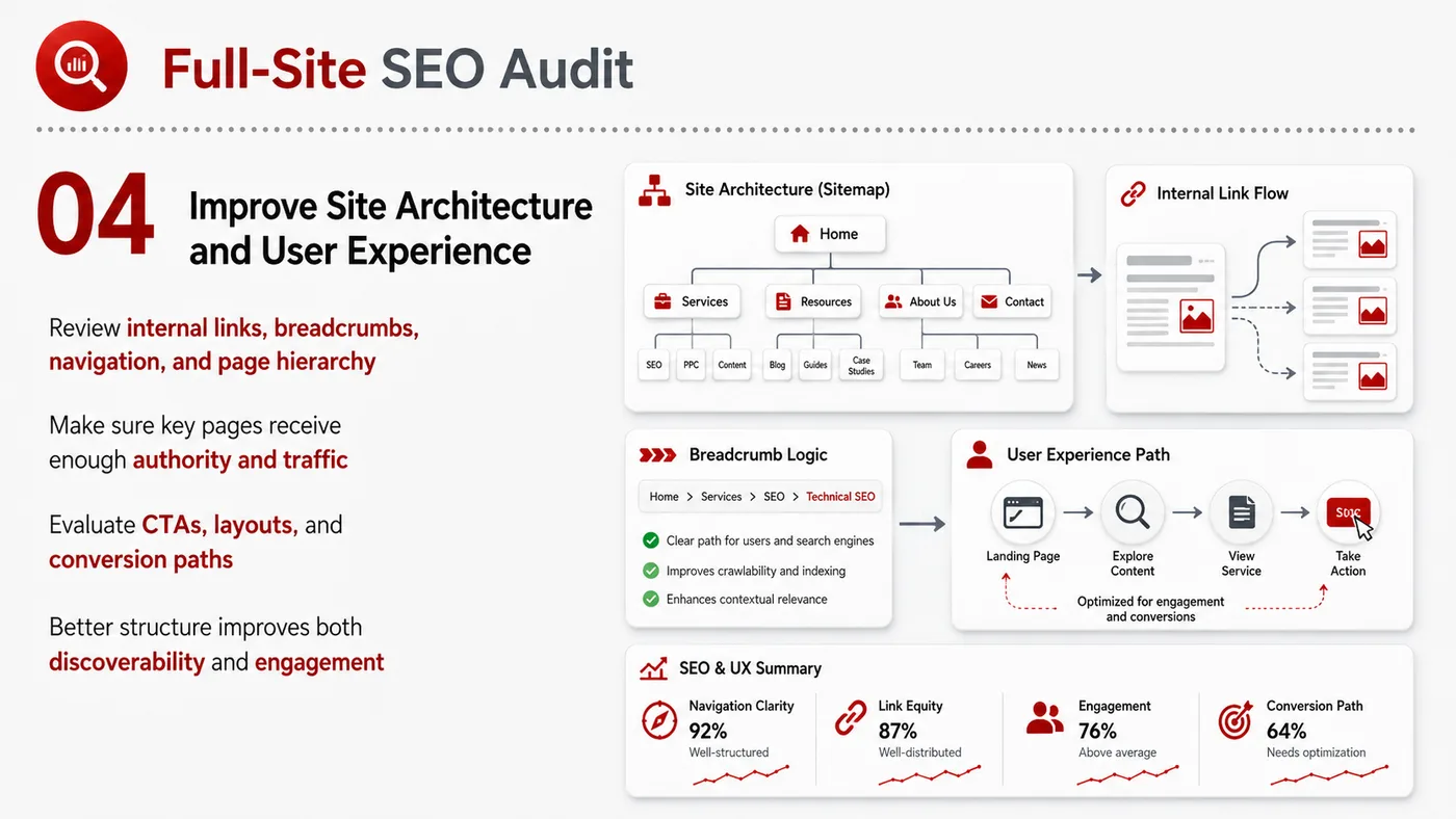 Full-site SEO Audit service card, page 4: Full-site SEO Audit organizes English search, AI summaries, technical structure and content proof so engines and buyers...