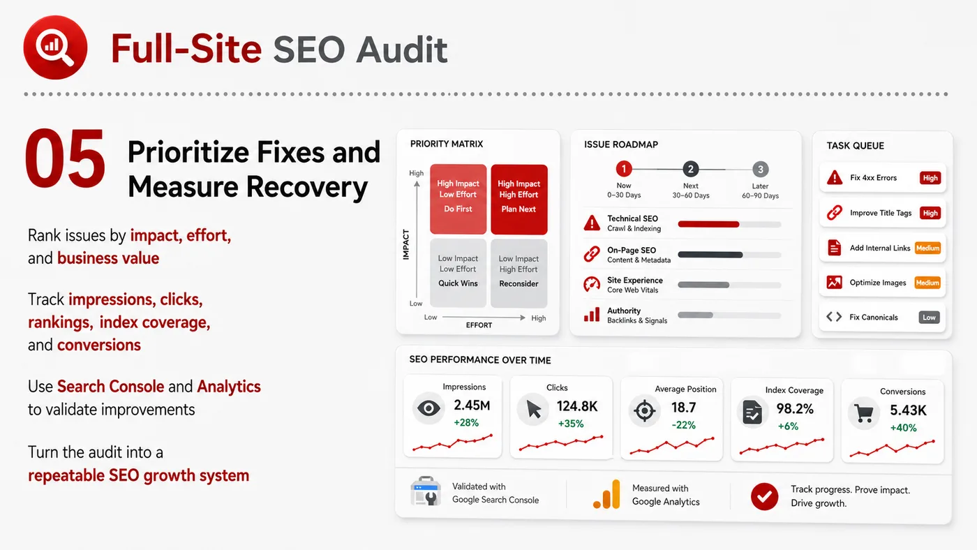 Full-site SEO Audit service card, page 5: Full-site SEO Audit organizes English search, AI summaries, technical structure and content proof so engines and buyers...