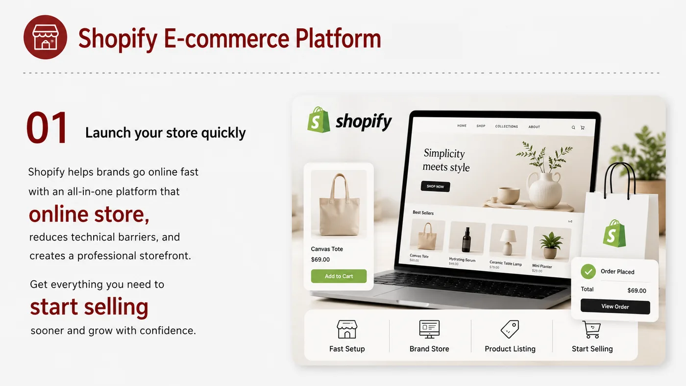 Shopify E-commerce Platform service card, page 1: Shopify E-commerce Platform focuses on platform setup, data preparation, listing optimization, ads, reviews and ongoing...