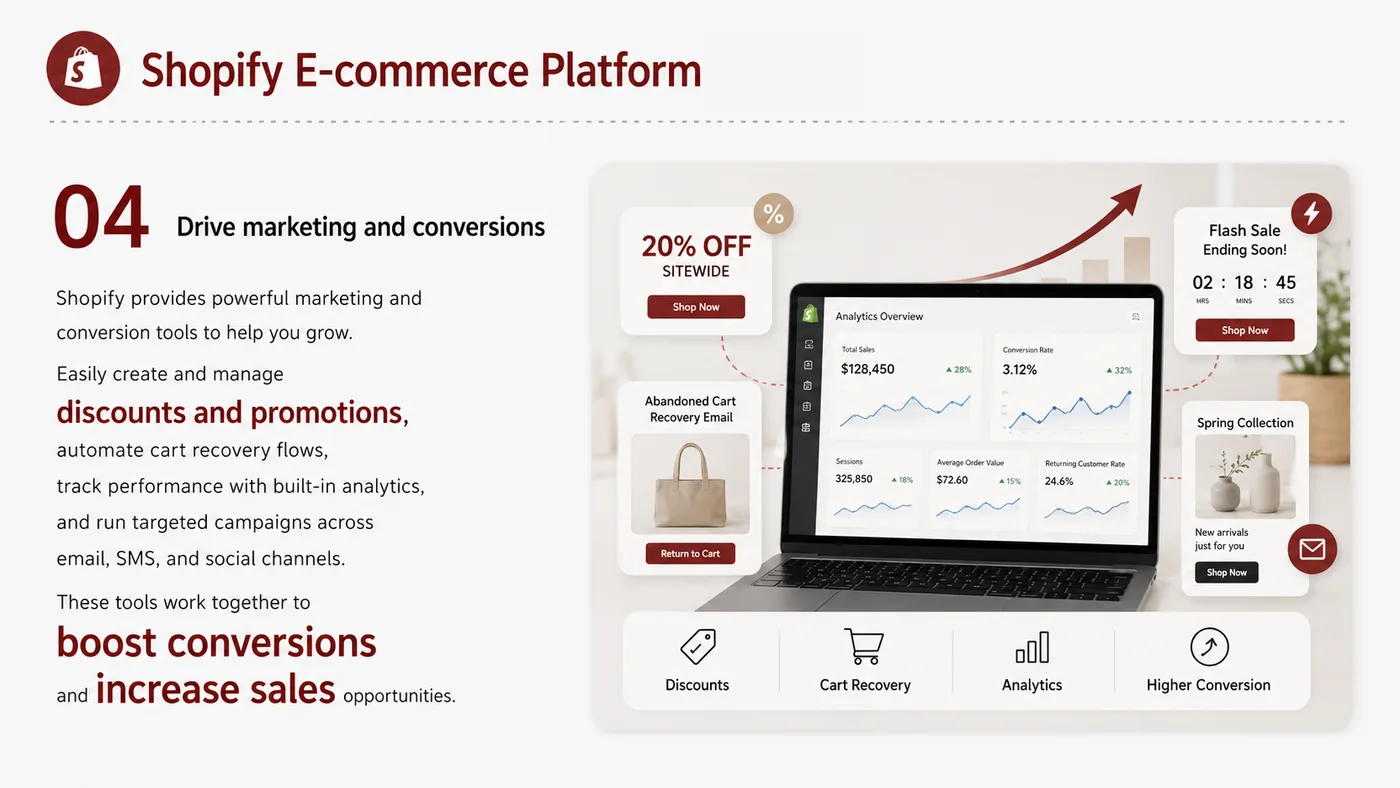 Shopify E-commerce Platform service card, page 4: Shopify E-commerce Platform focuses on platform setup, data preparation, listing optimization, ads, reviews and ongoing...
