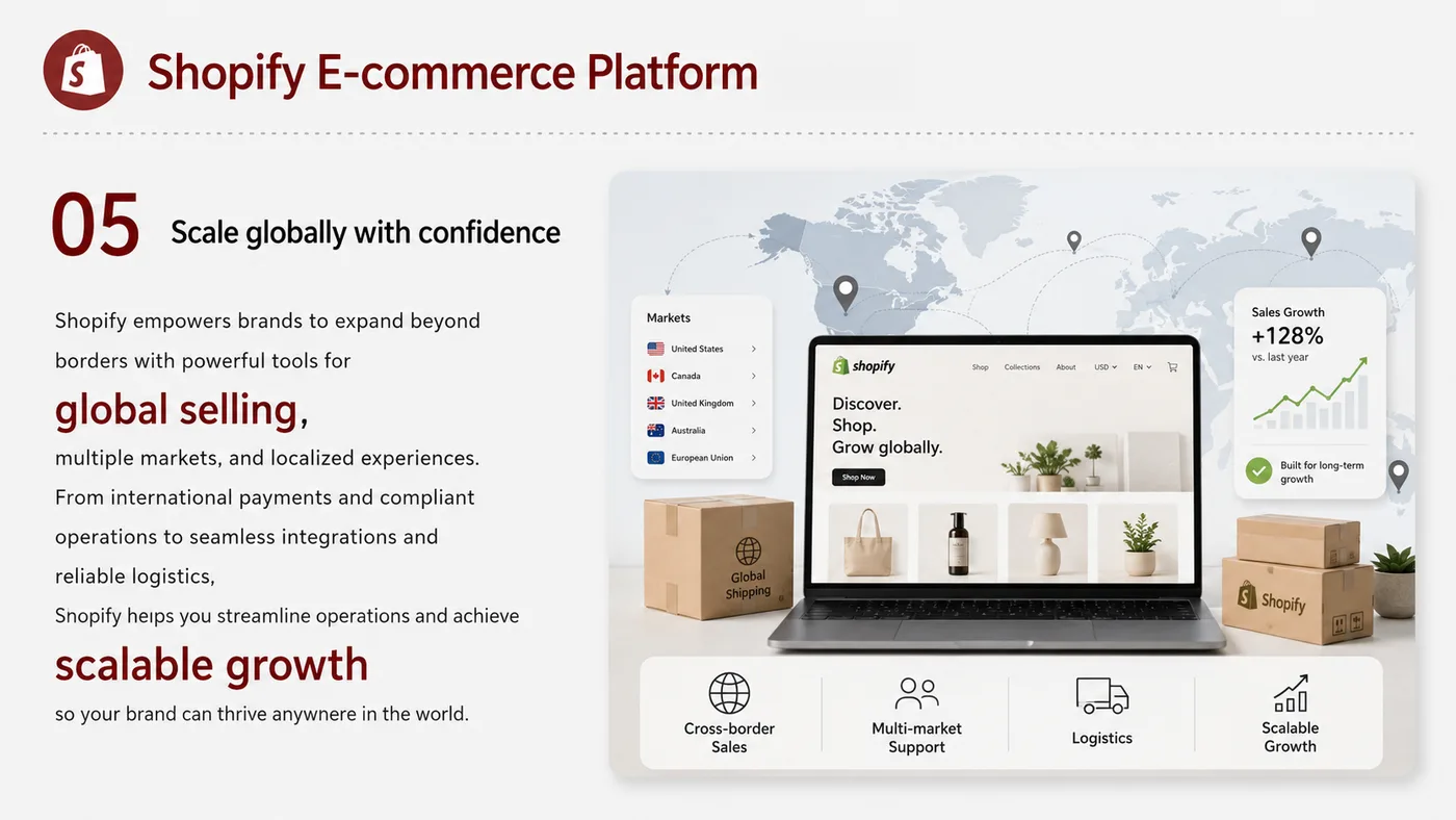 Shopify E-commerce Platform service card, page 5: Shopify E-commerce Platform focuses on platform setup, data preparation, listing optimization, ads, reviews and ongoing...