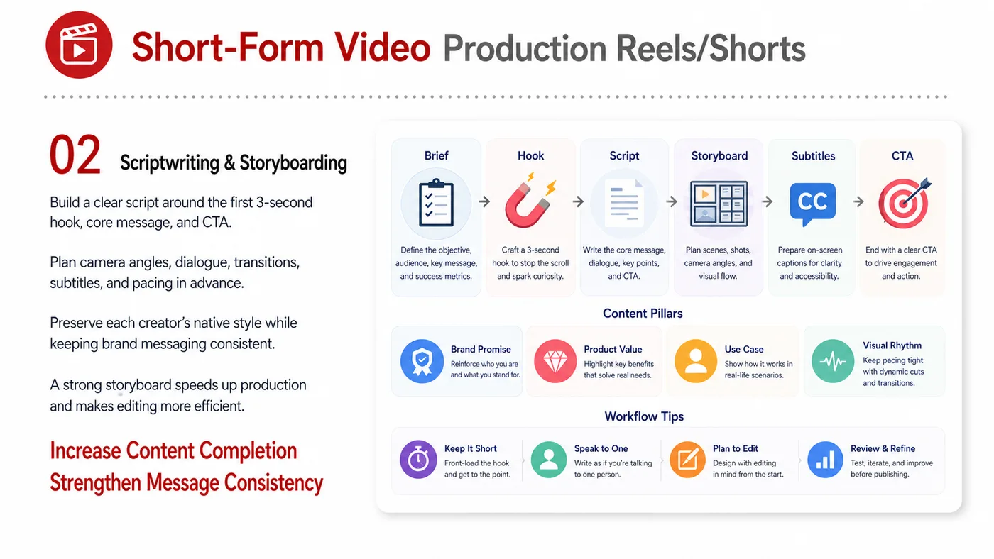 Short-video Production service card, page 2: Short-video Production focuses on North America creator and community collaboration through screening, briefs, contract...