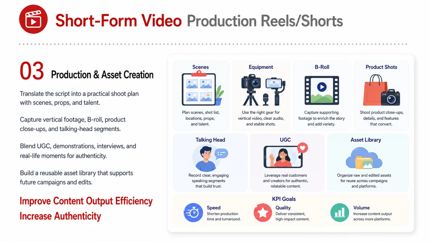 Short-video Production service card, page 3: Short-video Production focuses on North America creator and community collaboration through screening, briefs, contract...