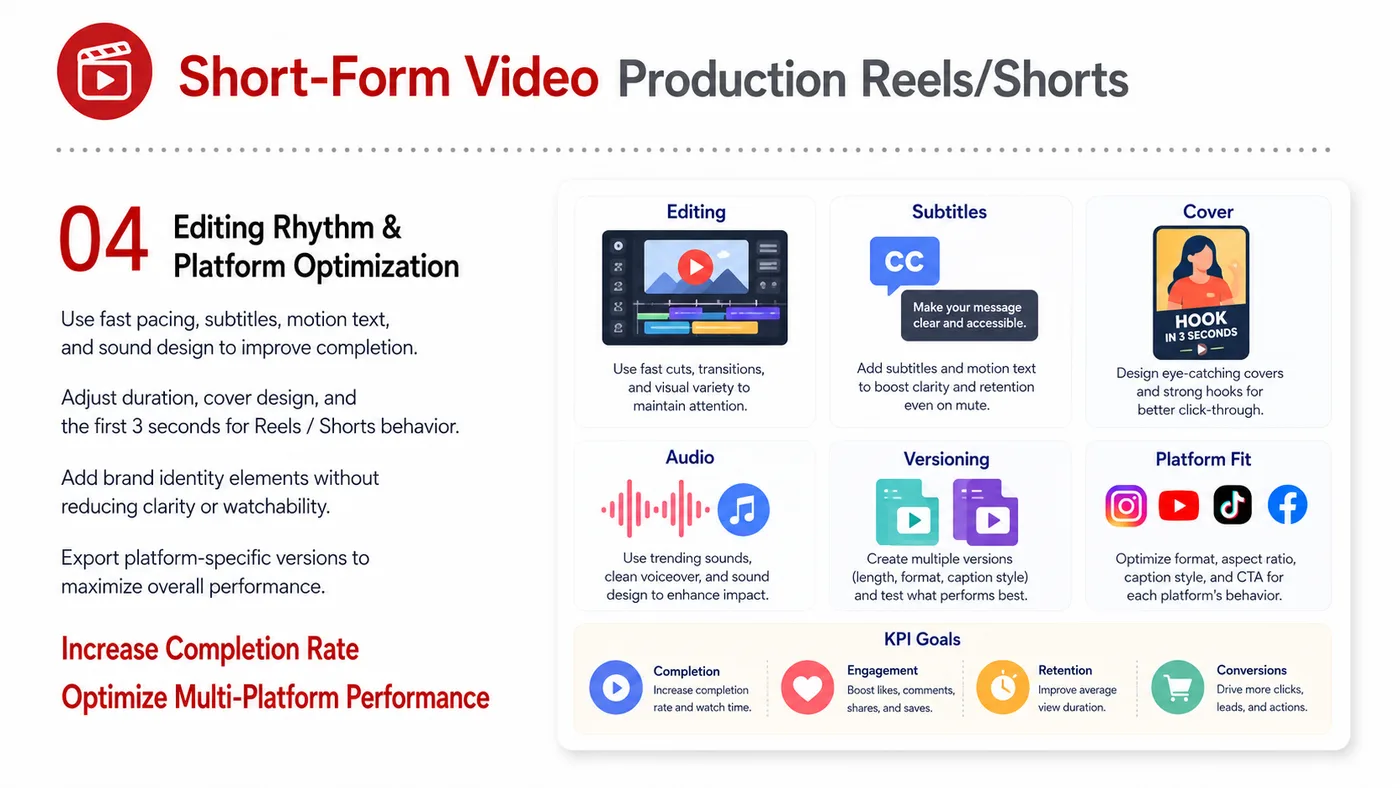 Short-video Production service card, page 4: Short-video Production focuses on North America creator and community collaboration through screening, briefs, contract...