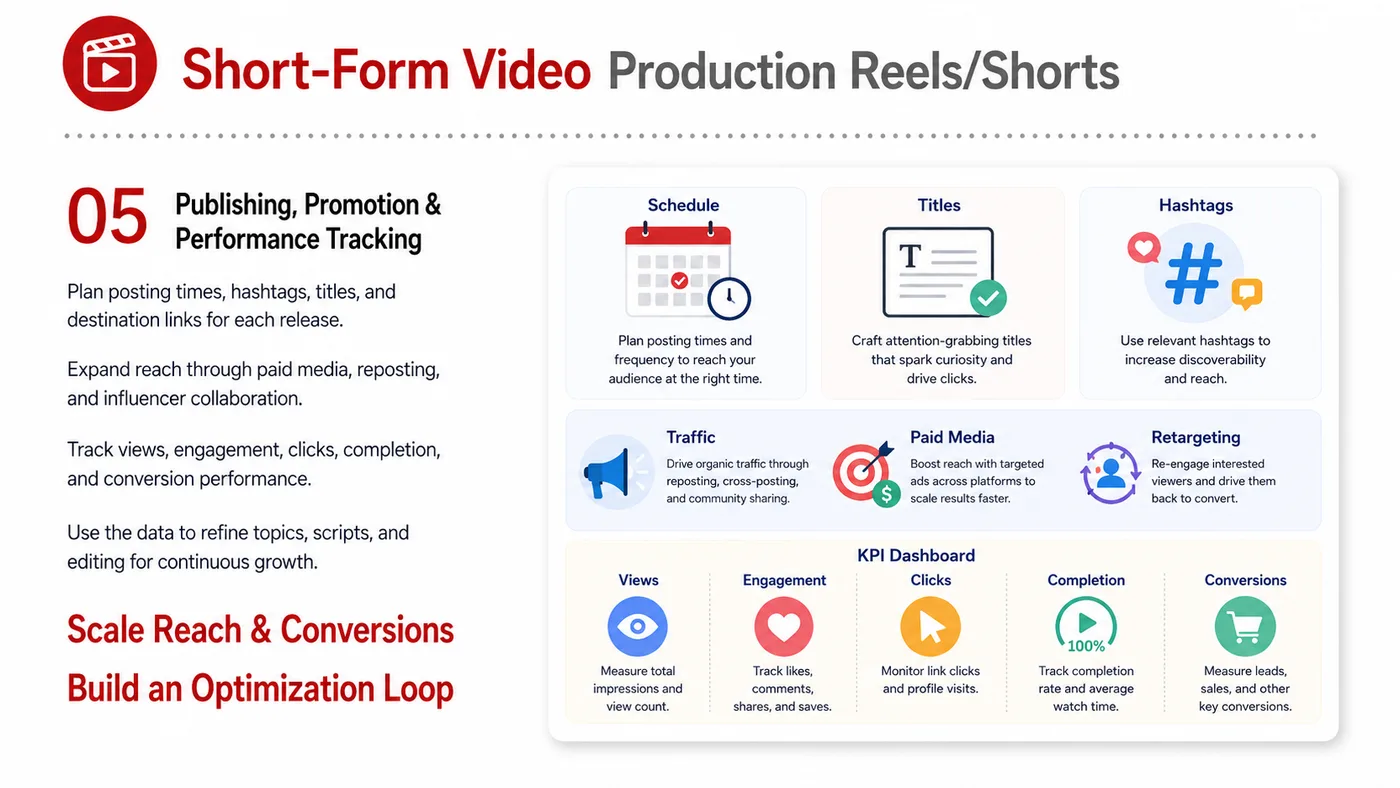 Short-video Production service card, page 5: Short-video Production focuses on North America creator and community collaboration through screening, briefs, contract...