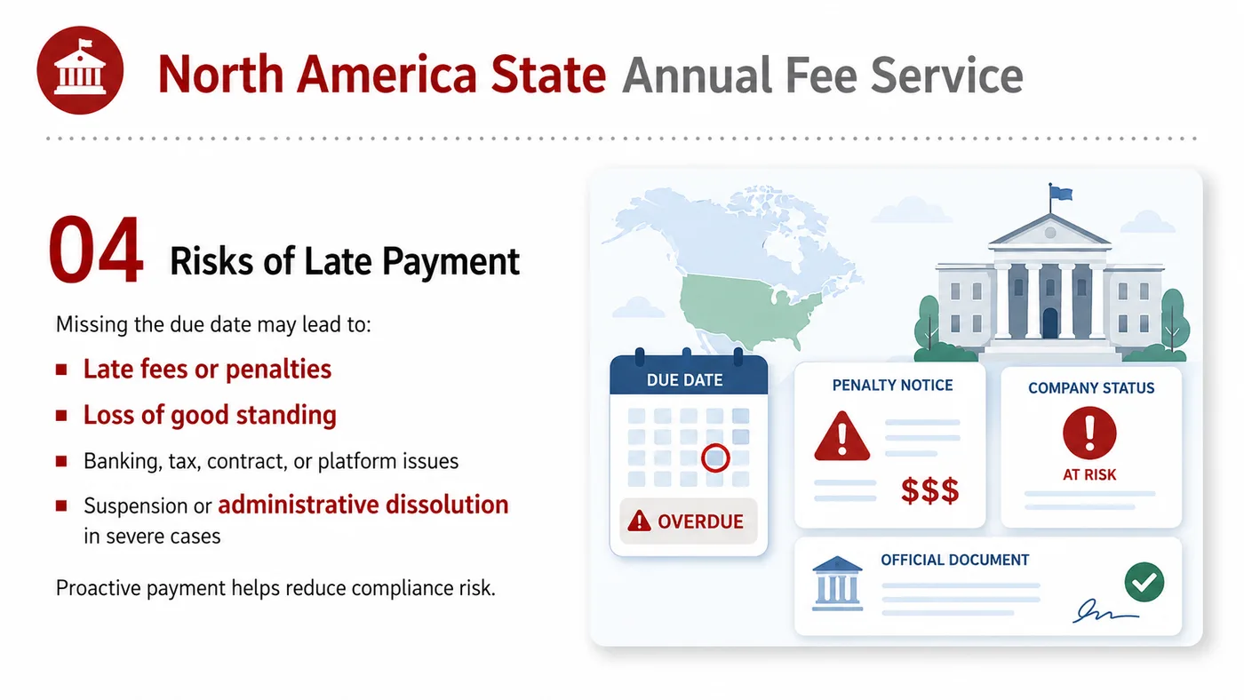 State Fee Handling service card, page 4: Track state fees, deadlines, documents and company maintenance reminders to avoid interruptions.