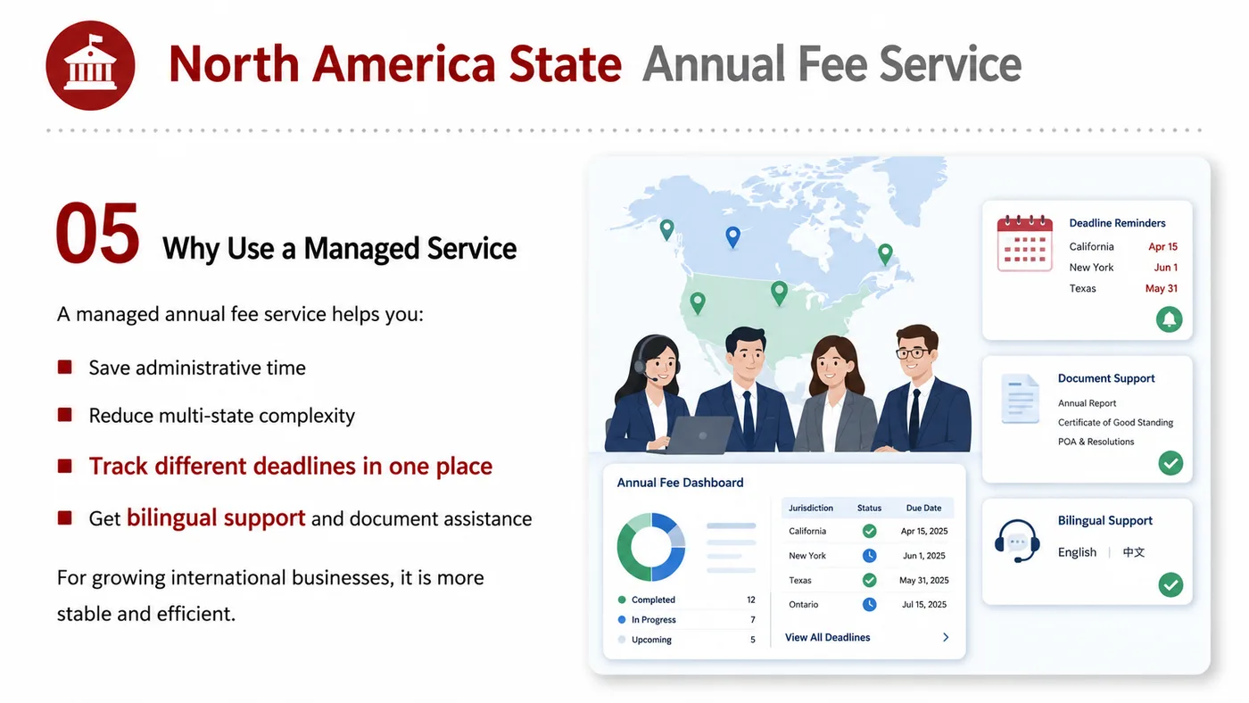 State Fee Handling service card, page 5: Track state fees, deadlines, documents and company maintenance reminders to avoid interruptions.