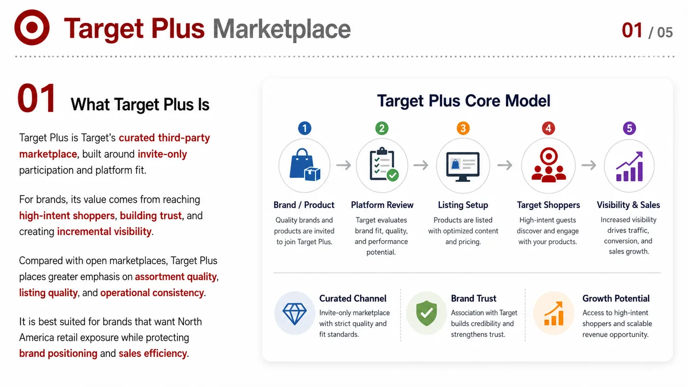 Target Plus, Newegg and Costco.com service card, page 2: Target Plus, Newegg and Costco.com focuses on platform setup, data preparation, listing optimization, ads, reviews and...