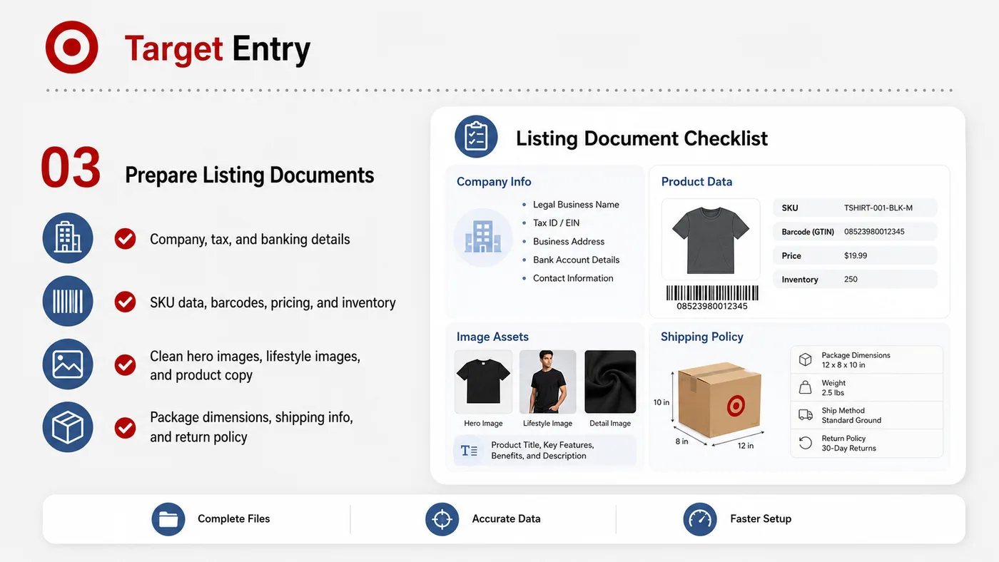 Target Entry service card, page 3: Target Entry prepares channel fit, product data, compliance, packaging, pricing, samples and follow-up needed for North...