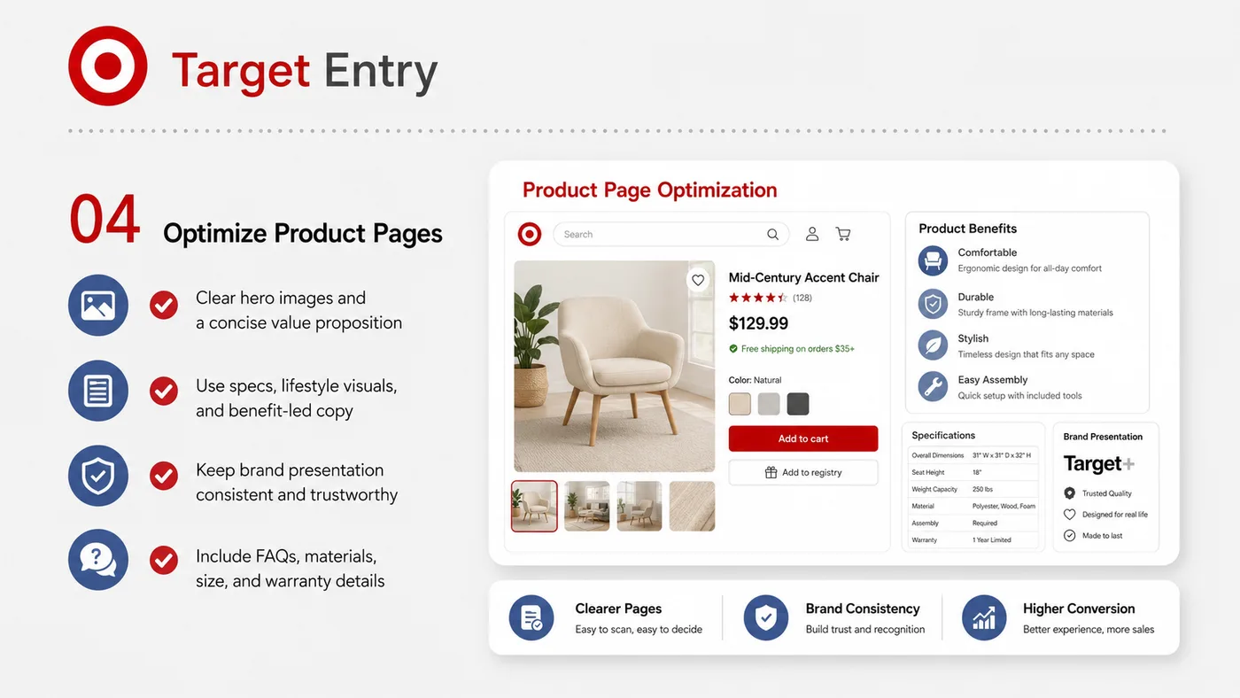 Target Entry service card, page 4: Target Entry prepares channel fit, product data, compliance, packaging, pricing, samples and follow-up needed for North...