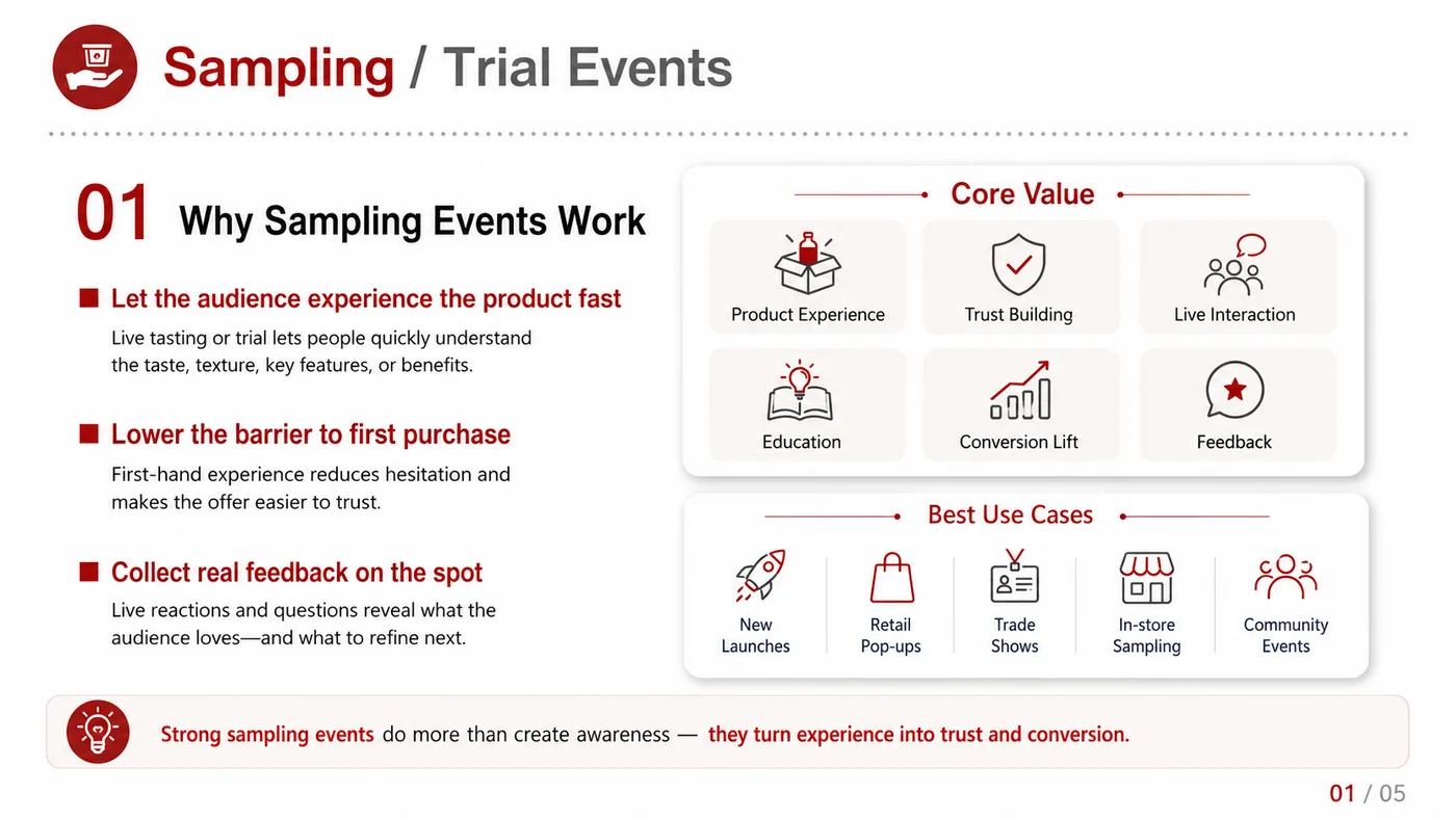 Tasting and Trial Event service card, page 1: Tasting and Trial Event connects pre-show outreach, on-site assets, booth messaging, buyer reception and follow-up into...
