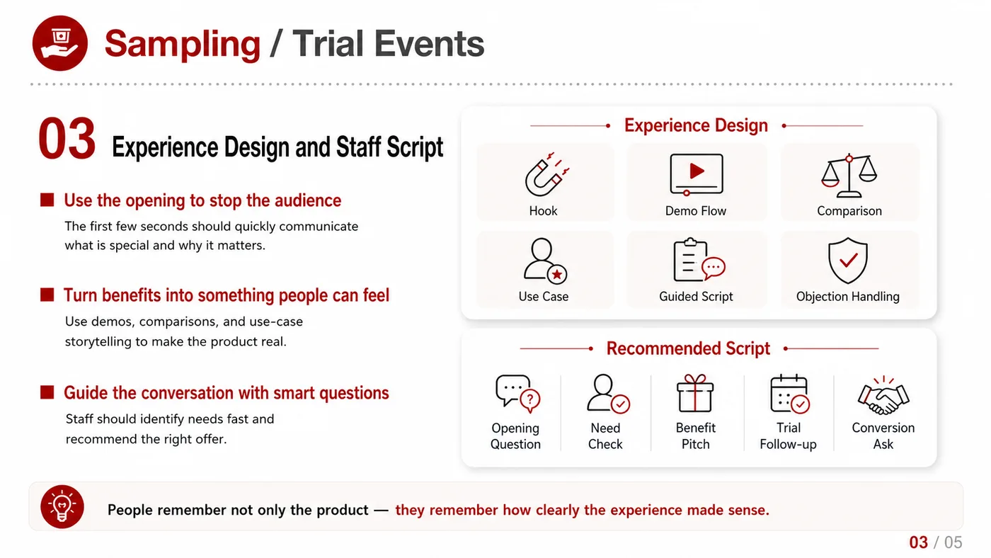 Tasting and Trial Event service card, page 3: Tasting and Trial Event connects pre-show outreach, on-site assets, booth messaging, buyer reception and follow-up into...