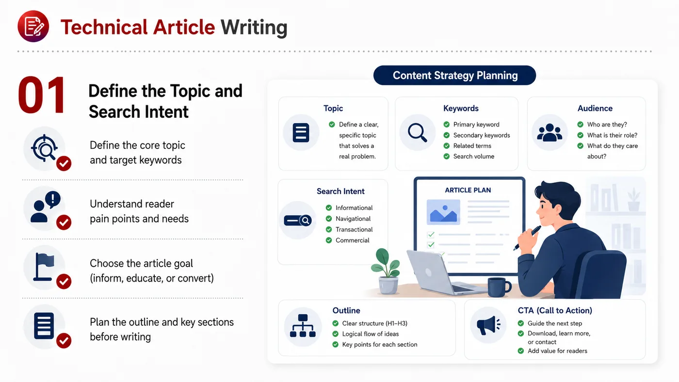 Technical Article Writing service card, page 1: Technical Article Writing turns English narrative, sales assets, trust content and lead tracking into business-developm...