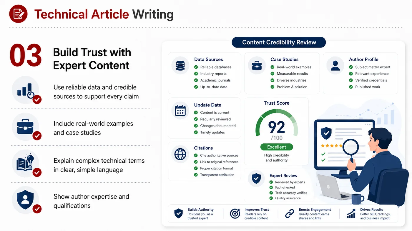 Technical Article Writing service card, page 3: Technical Article Writing turns English narrative, sales assets, trust content and lead tracking into business-developm...