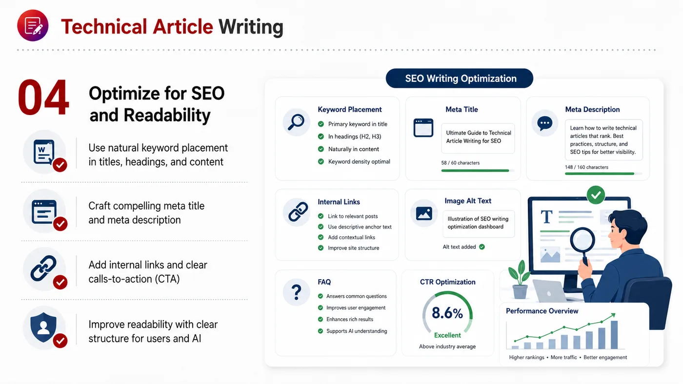 Technical Article Writing service card, page 4: Technical Article Writing turns English narrative, sales assets, trust content and lead tracking into business-developm...