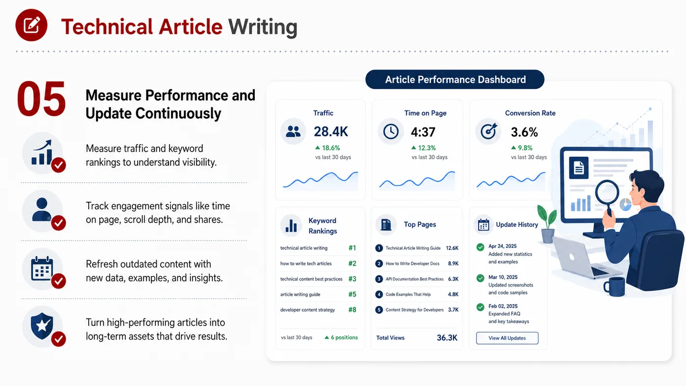 Technical Article Writing service card, page 5: Technical Article Writing turns English narrative, sales assets, trust content and lead tracking into business-developm...