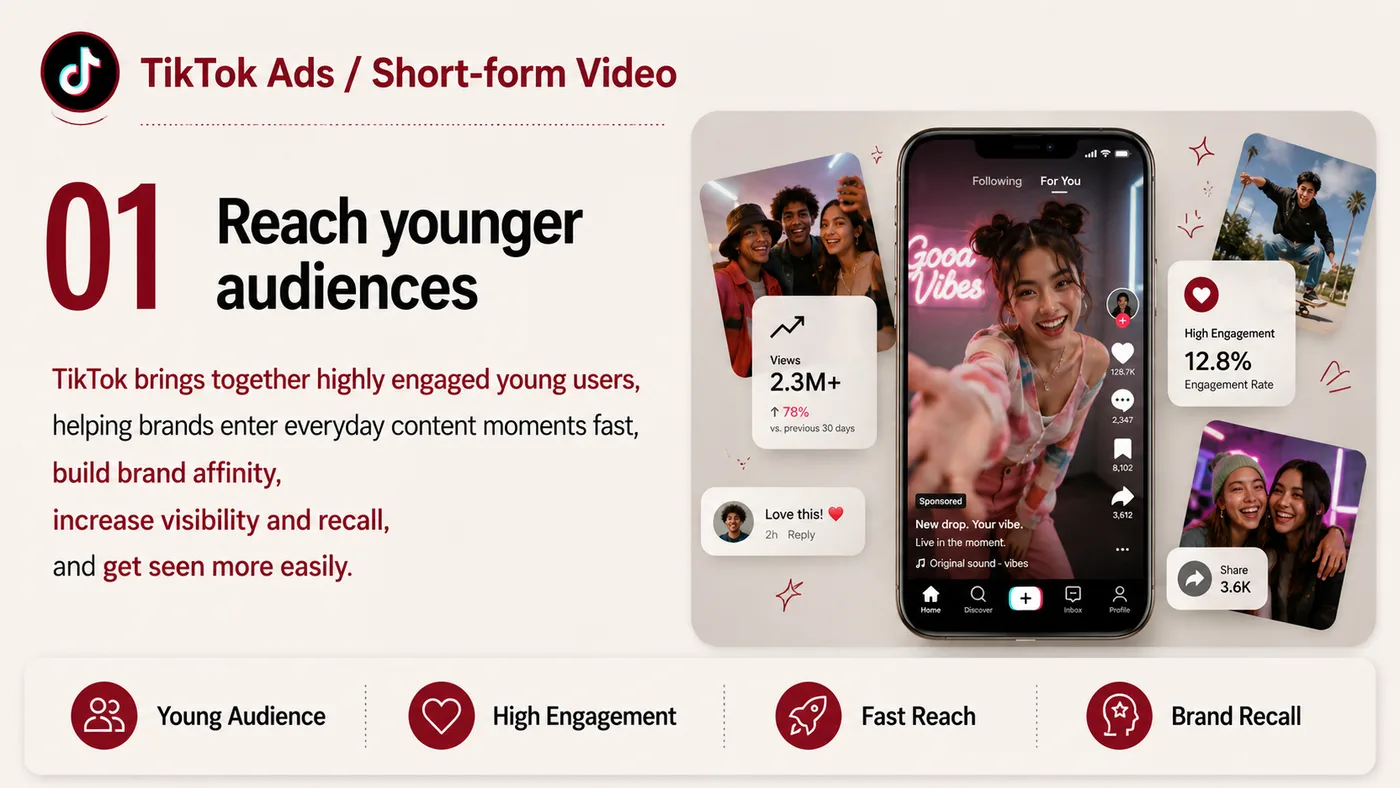 TikTok Ads and Short Video service card, page 1: TikTok Ads and Short Video designs North America media around audience, creative, landing pages and conversion events s...