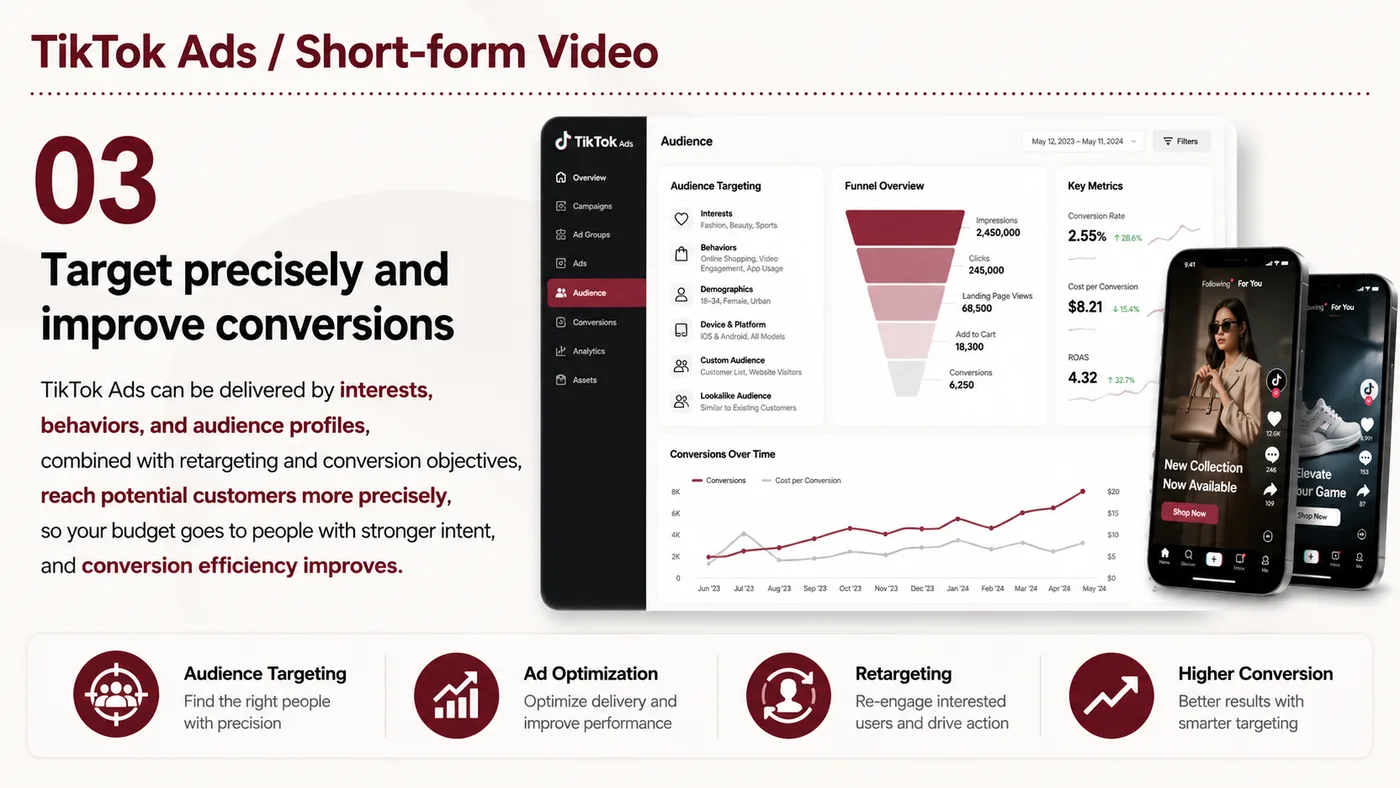 TikTok Ads and Short Video service card, page 3: TikTok Ads and Short Video designs North America media around audience, creative, landing pages and conversion events s...