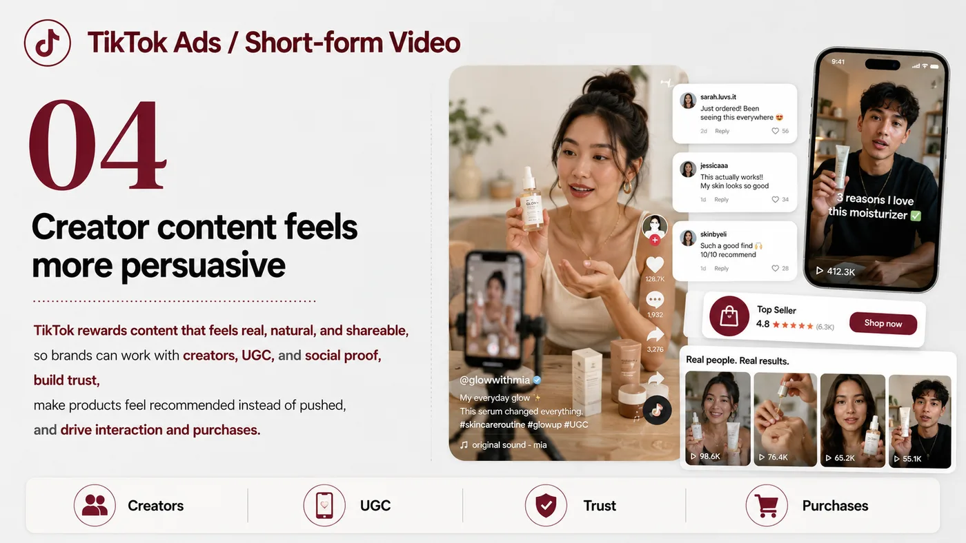 TikTok Ads and Short Video service card, page 4: TikTok Ads and Short Video designs North America media around audience, creative, landing pages and conversion events s...
