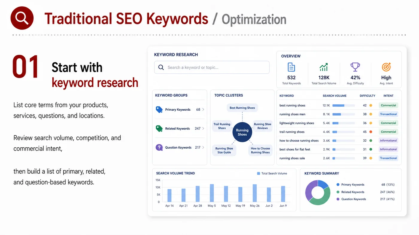 Traditional SEO Keywords service card, page 1: Traditional SEO Keywords organizes English search, AI summaries, technical structure and content proof so engines and b...