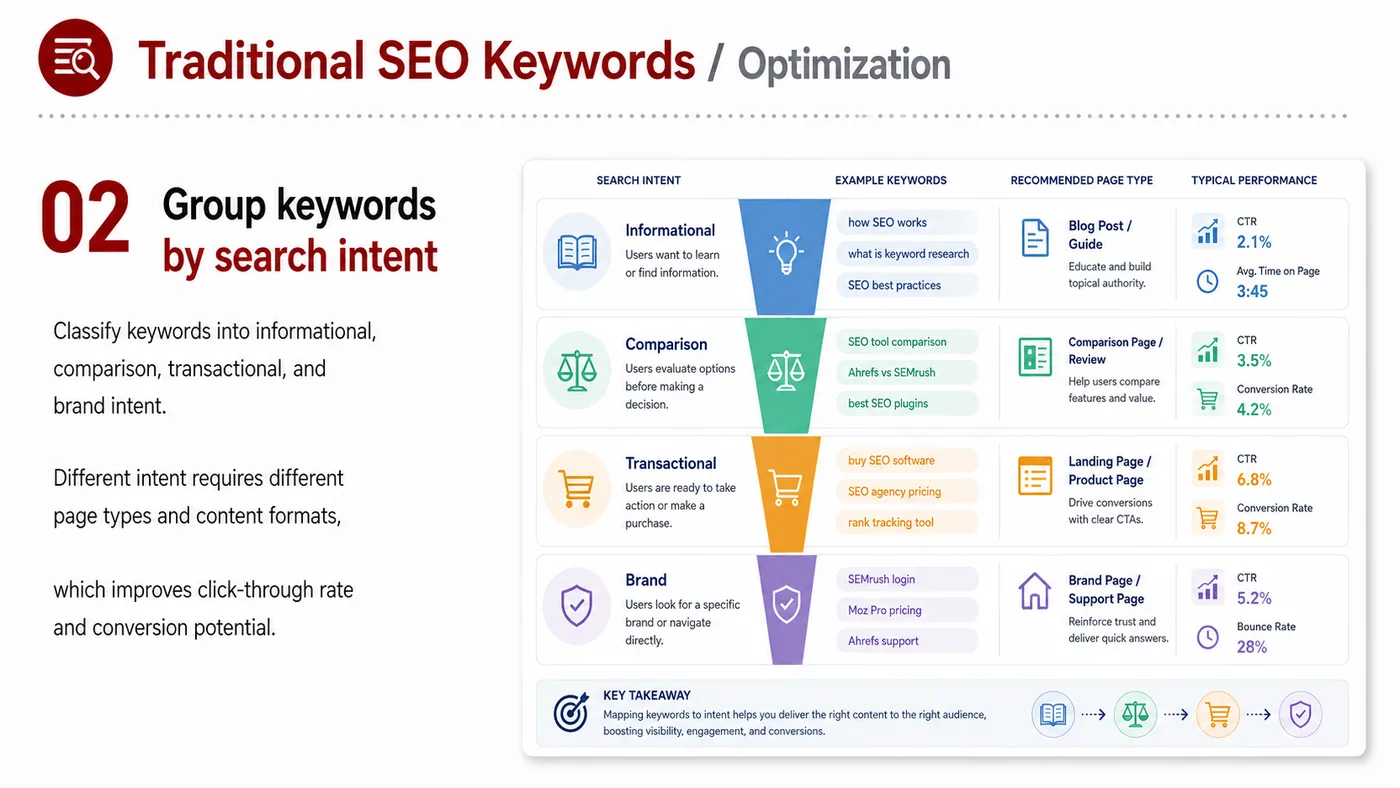 Traditional SEO Keywords service card, page 2: Traditional SEO Keywords organizes English search, AI summaries, technical structure and content proof so engines and b...