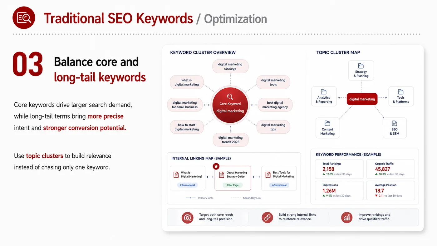 Traditional SEO Keywords service card, page 3: Traditional SEO Keywords organizes English search, AI summaries, technical structure and content proof so engines and b...