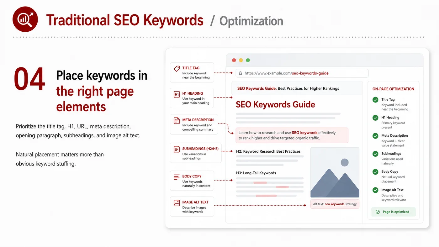 Traditional SEO Keywords service card, page 4: Traditional SEO Keywords organizes English search, AI summaries, technical structure and content proof so engines and b...