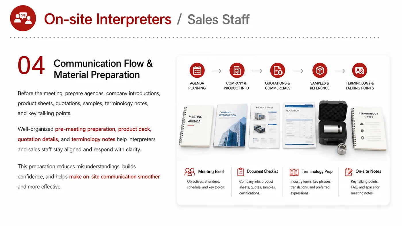 On-site Interpreter and Sales Staff service card, page 2: On-site Interpreter and Sales Staff connects pre-show outreach, on-site assets, booth messaging, buyer reception and fo...