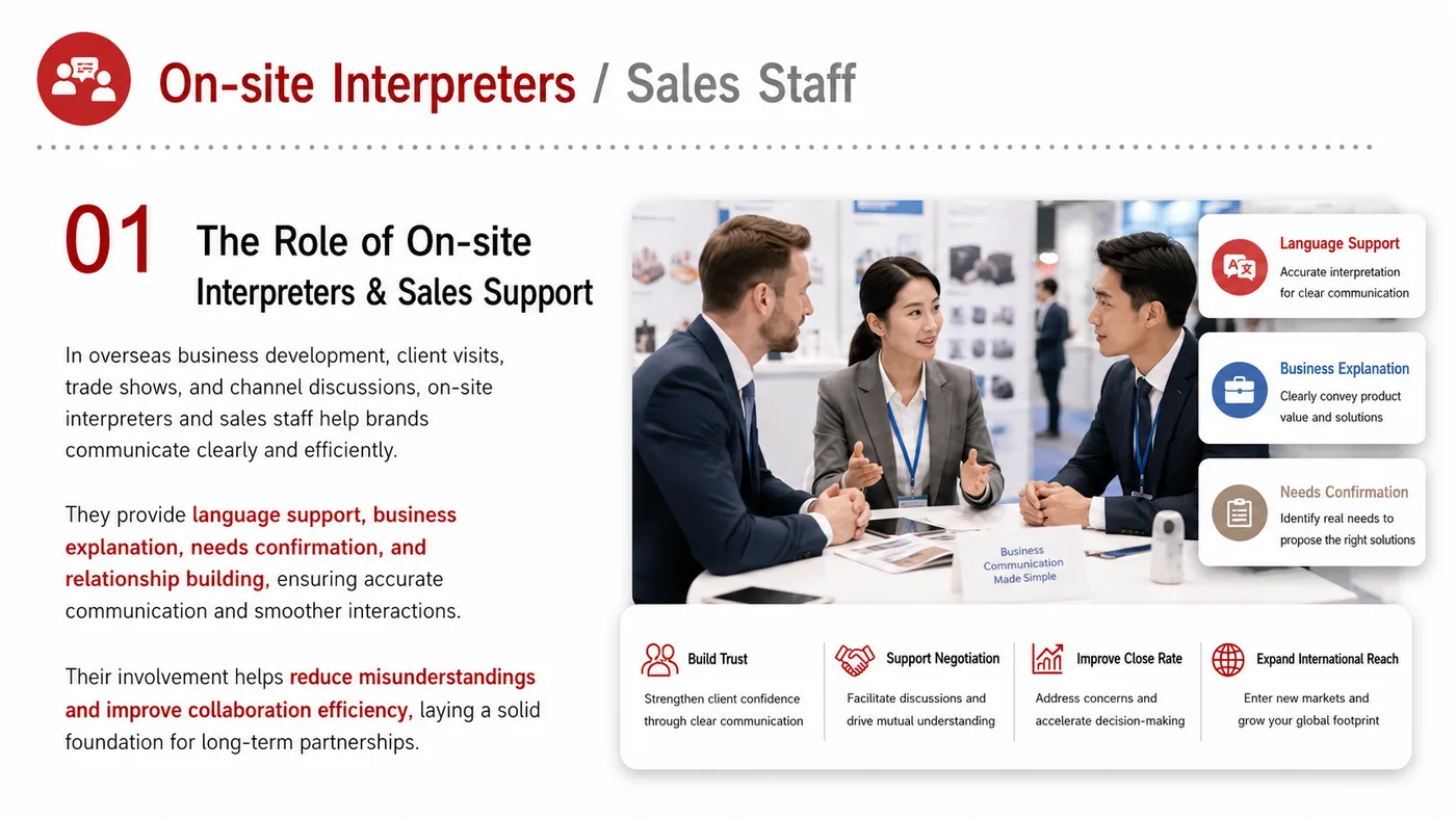 On-site Interpreter and Sales Staff service card, page 3: On-site Interpreter and Sales Staff connects pre-show outreach, on-site assets, booth messaging, buyer reception and fo...