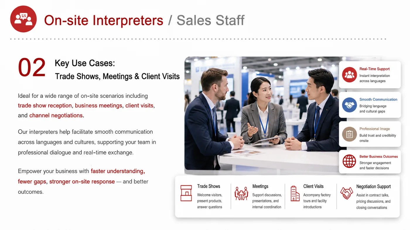 On-site Interpreter and Sales Staff service card, page 4: On-site Interpreter and Sales Staff connects pre-show outreach, on-site assets, booth messaging, buyer reception and fo...