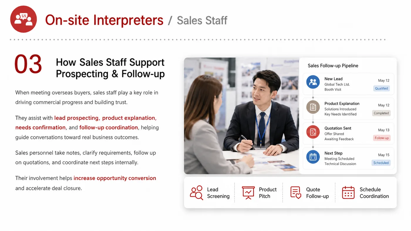 On-site Interpreter and Sales Staff service card, page 5: On-site Interpreter and Sales Staff connects pre-show outreach, on-site assets, booth messaging, buyer reception and fo...